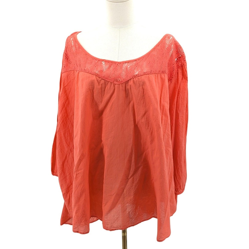 Boho Coral Gauze Blouse Lace Yoke Flowy‎ Peasant Top 3X Plus